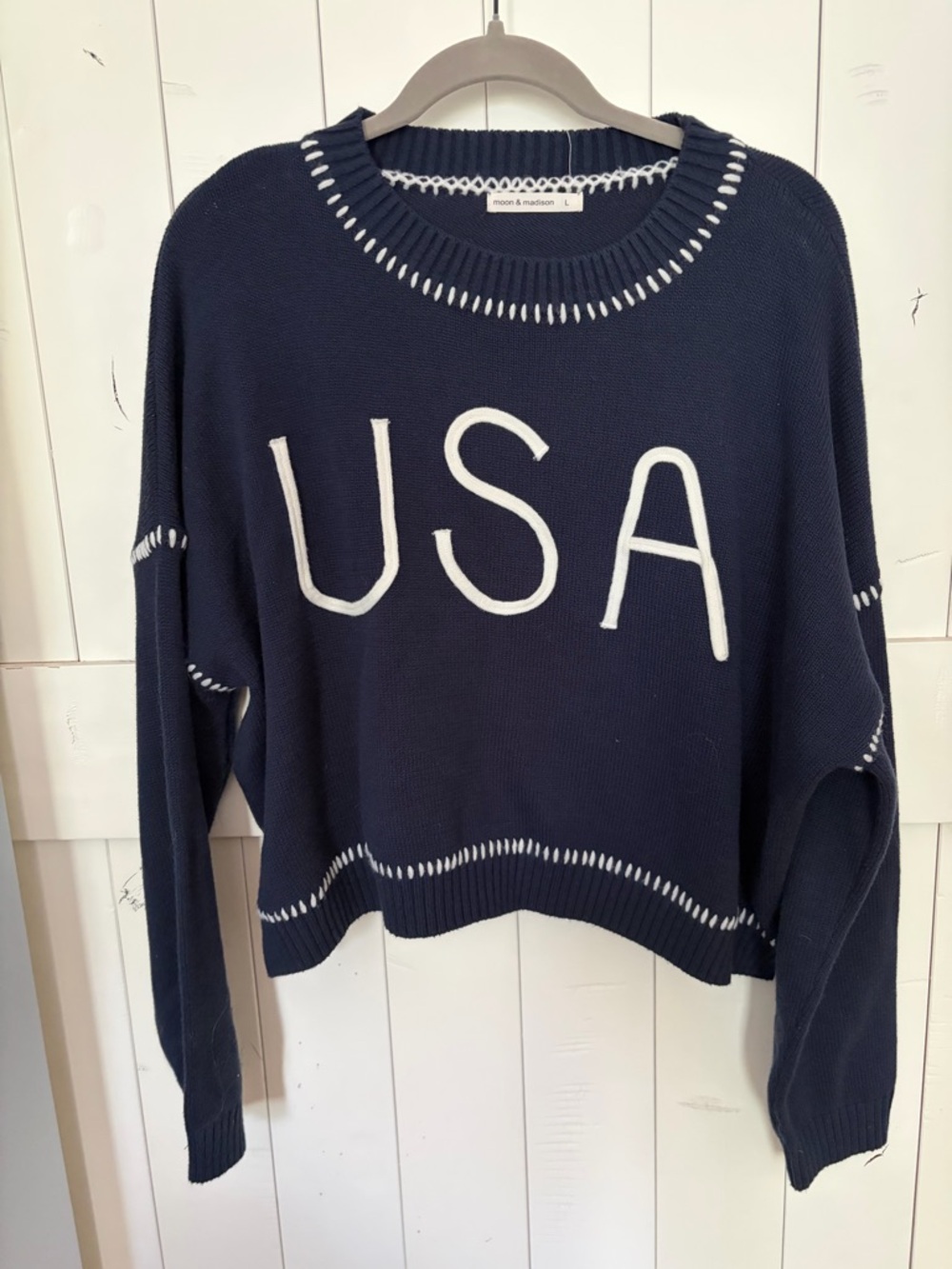 moon & madison Navy Crewneck Sweater with White USA Lettering